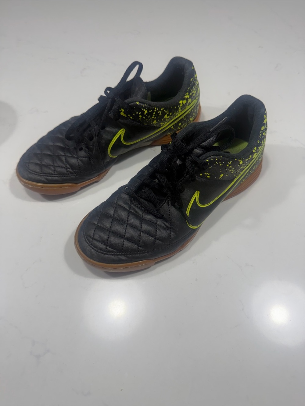 Nike Black Indoor Soccer Shoes with Neon Green Swoosh and Speckle